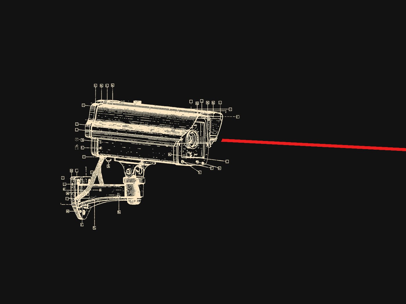 Technical schematic of a surveillance camera with a red targeting line
